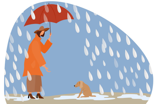 一位在雨中打着伞的妇女照顾一只流浪狗。素材图片