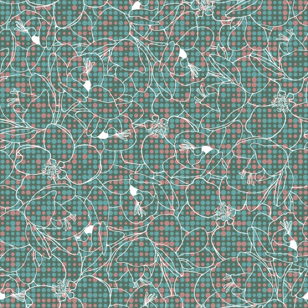 小苍兰和苹果花无缝矢量图案。浪漫的手绘线条设计在五颜六色的圆点背景。图片下载