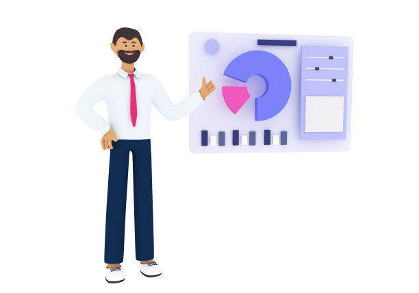 商人展示新项目，展示图表和饼状图。会议，业务演示，培训理念。3 d渲染图图片下载