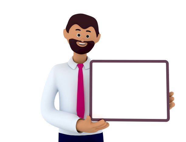 可爱的男人正拿着一张空白的海报、海报或横幅。作广告或示范之空白纸。3 d渲染图图片下载