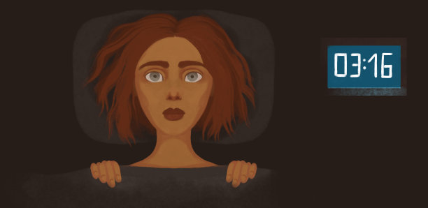 插图女孩在床上无法入睡。睡眠问题，入睡。闹钟响到晚上了，女孩醒了图片下载