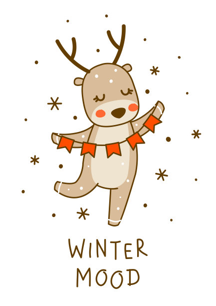 可爱的小鹿与派对旗帜孤立在白色的背景-卡通人物为有趣的圣诞节和新年冬季贺卡和海报设计图片下载