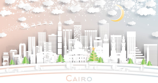 开罗埃及城市天际线剪纸风格的雪花，月亮和霓虹灯花环。图片下载