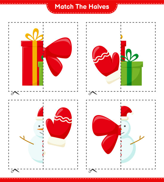 把两半配对。把圣诞装饰的两半配对。教育儿童游戏，可打印的工作表，矢量插图图片下载