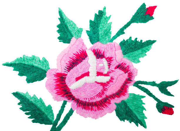 白色织物上绣玫瑰花，装饰织物图片下载