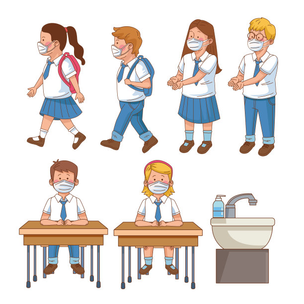 在学校现场，学生们戴着口罩进行Covid预防图片下载