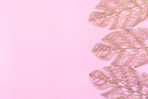金色的人造叶子在粉红色的背景与文本复制空间。最小的风格。平的。美丽的庆典背景。图片下载