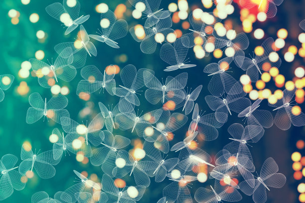 灯光背景和成群的抽象网格飞蛾蝴蝶。三维演示图片下载