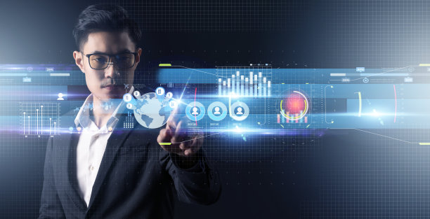 金融商业投资策略竞争，商务人西装，数据分析人工智能技术手指点未来图股票交易所数据图表金融符号屏幕图片下载