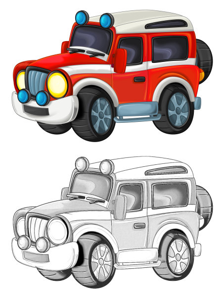 卡通素描场景与越野消防队员车-插图图片下载