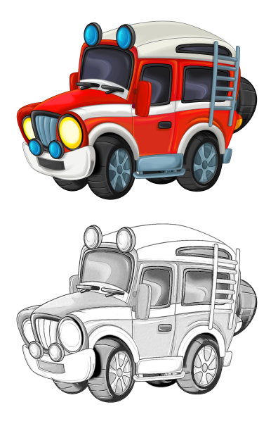 卡通素描场景与越野消防队员车-插图图片下载
