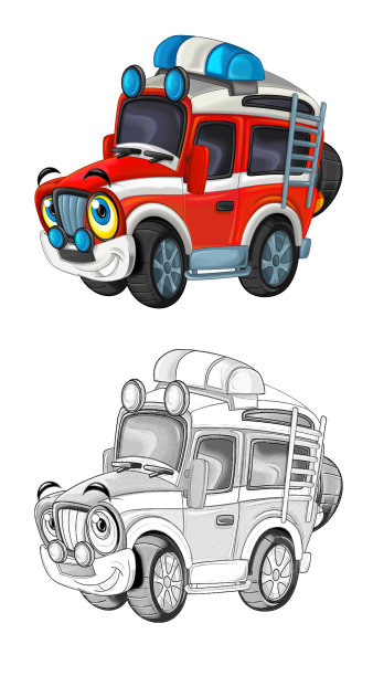 卡通素描场景与越野消防队员车-插图图片下载