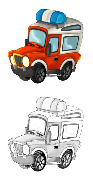 卡通素描场景与越野消防队员车-插图图片下载