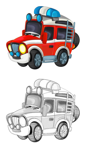 卡通素描场景与越野消防队员车-插图图片下载
