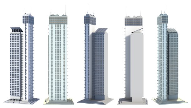 5个不同的侧面视图渲染虚构的设计抽象的建筑生活的塔楼与天空的反射-孤立的白色，3d插图的摩天大楼图片下载