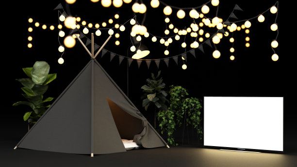 带电视屏幕的露营帐篷，用于covid-19病毒感染期间的家庭隔离，待在家里。3 d渲染。图片下载