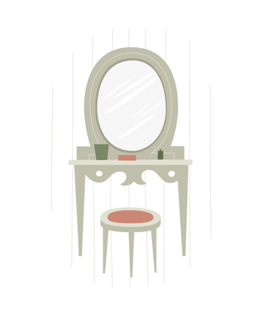 一套家具，里面有一张女厕的桌子和一面椭圆形的镜子。图片下载