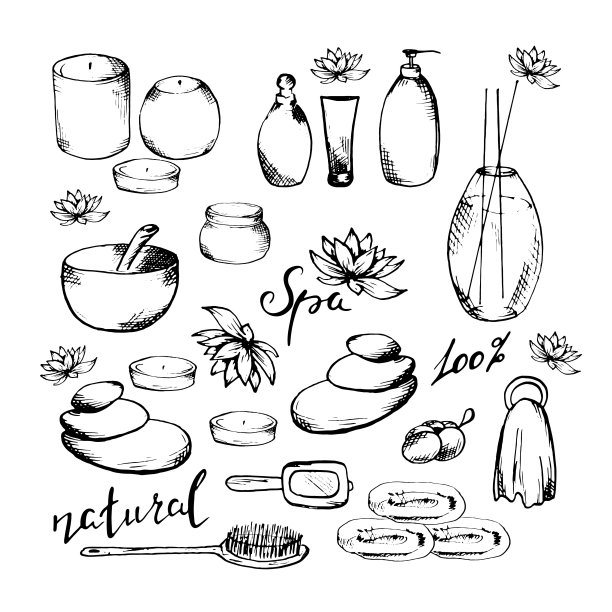 设置水疗项目。香灯。石头的成分。管。瓶子。奶油。莲花。蜡烛毛巾。梳子。镜子。草图。个人护理的概念。放松图片下载