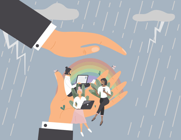 小小的办公室工作人员坐在一个巨大的手下，另一个手作为庇护图片下载