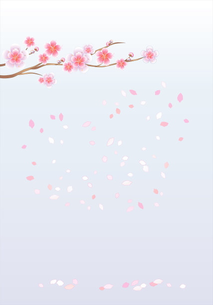 带有粉红色花朵的樱花枝。樱花和飞舞的花瓣孤立在浅紫色梯度背景。花瓣呈心形。垂直的。向量图片下载