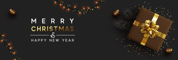 圣诞节的旗帜。圣诞背景设计了闪闪发光的彩灯花环，与现实的礼品盒，松枝和闪闪发光的金色纸屑。水平圣诞海报，贺卡，标题，网站图片下载