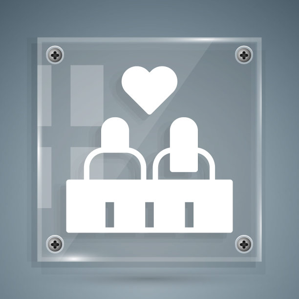 白色浪漫的情侣坐在长凳上，旁边是孤立在灰色背景上的图标。情人节快乐。方形玻璃面板。向量图片下载