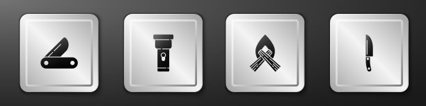 设置瑞士军刀，手电筒，篝火和刀的图标。银广场按钮。向量图片下载