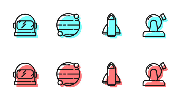 设置火箭飞船，宇航员头盔，行星和天文台图标。向量图片下载