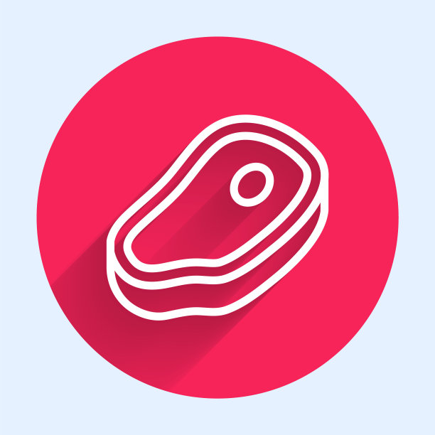 白线牛排肉图标孤立与长影子。红色圆圈按钮。向量图片下载