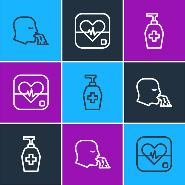 设置呕吐人，液体抗菌肥皂和心率图标。向量图片下载