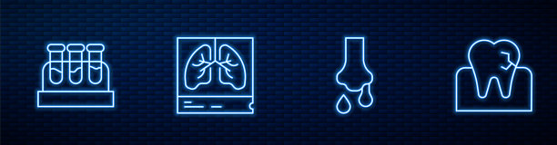流鼻涕，血液试管，肺部x光片，龋齿。砖墙上发光的霓虹灯图标。向量图片下载