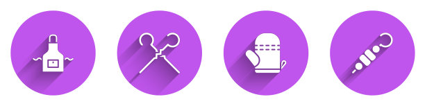 设置厨房围裙，烧烤串，烤箱手套和烤羊肉串图标与长影子。向量图片下载