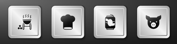 设置烧烤架，厨师帽，汽水罐和猪图标。银广场按钮。向量图片下载