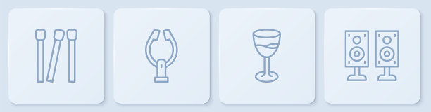 配线火柴，酒杯，肉钳，立体声扬声器。白色正方形按钮。向量图片下载