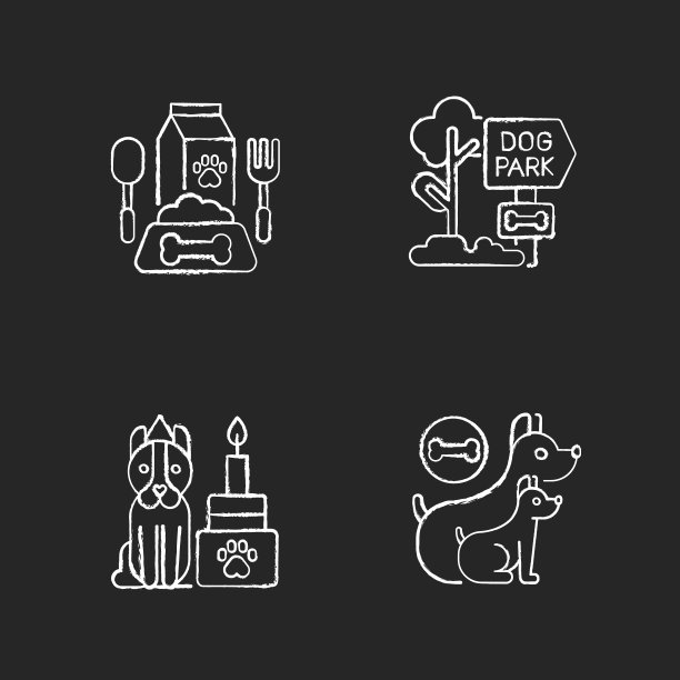 狗照顾服务粉笔白色图标设置在黑色背景图片下载