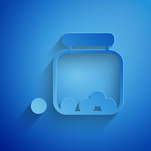 剪纸玻璃罐与糖果里面的图标隔离在蓝色背景。纸艺术风格。向量图片下载