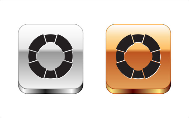 黑色救生圈图标孤立在白色背景上。救生圈的象征。金银平方按钮。向量图片下载