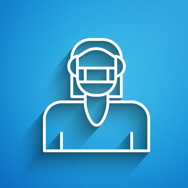 白色线妇女的脸在医疗保护口罩图标孤立在蓝色背景。隔离。长长的阴影。向量图片下载