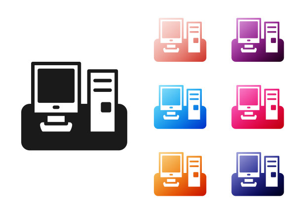 黑色电脑显示器，键盘和鼠标图标隔离在白色背景上。PC组件标志。设置彩色图标。向量图片下载