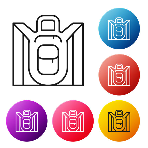 黑线徒步旅行背包图标孤立在白色背景。背包露营和山地探险。设置图标彩色圆圈按钮。向量图片下载