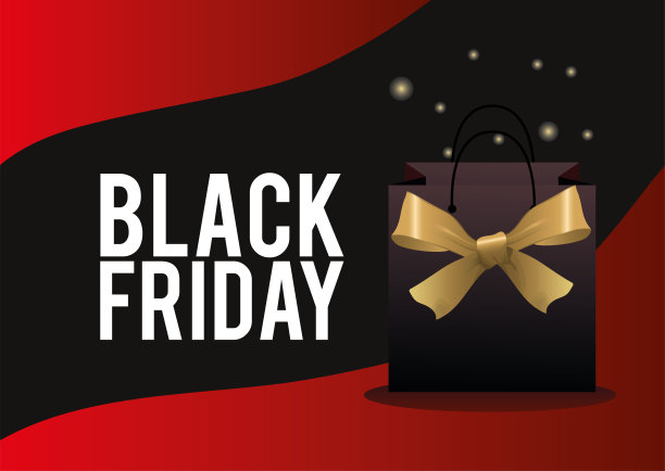 黑色星期五的促销海报，上面有购物袋和金色蝴蝶结图片下载