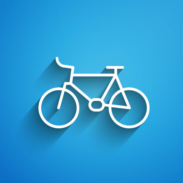 白色线条自行车图标，蓝色背景。长阴影矢量图图片下载