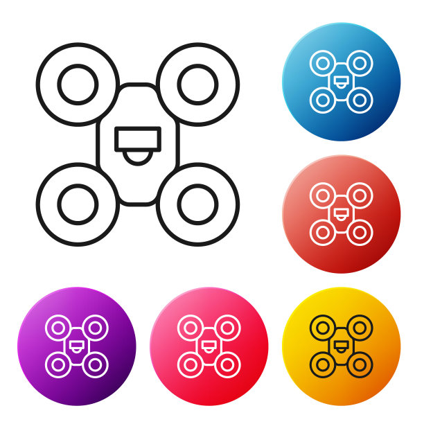 黑线无人机飞行图标孤立在白色背景。带有视频和照片相机符号的四轴飞行器。设置彩色圆形按钮图标。向量图片下载