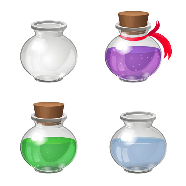 一套玻璃瓶。空透明玻璃罐。玻璃壶与水。瓶子里有绿色和紫色的液体，还有红色的丝带。现实的矢量图。游戏图标。图片下载