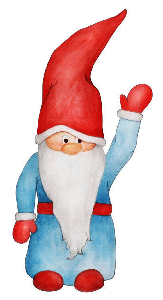 手绘水彩可爱的圣诞侏儒与大胡子和鼻子，挥舞的手。孤立在白色背景上。新年和圣诞节插图贺卡，请柬图片下载