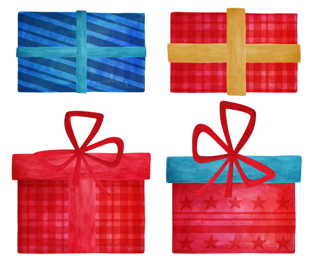手绘水彩构成四件礼物。孤立在白色背景上。生日，情人节，新年和圣诞节快乐的插图贺卡，邀请图片下载