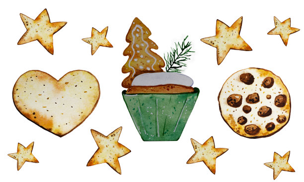 水彩圣诞饼干的白色背景插图。手绘水彩新年饼干。圣诞节的背景。隔离。水彩纹理。图片下载