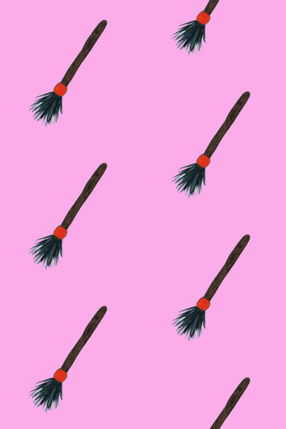 无缝模式与女巫的扫帚。万圣节插图。粉色板上有棕色和橙色。万圣节服装。万圣节的设计元素。巫术的象征。没完没了的设计。Jpg文件图片下载