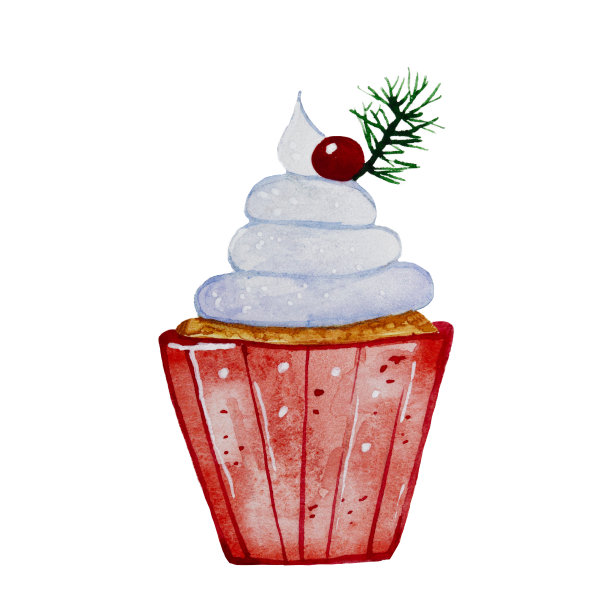 圣诞水彩画的纸杯蛋糕在一个白色的背景。手绘水彩甜蜜圣诞纸杯蛋糕。圣诞节的背景。隔离。水彩纹理。图片下载