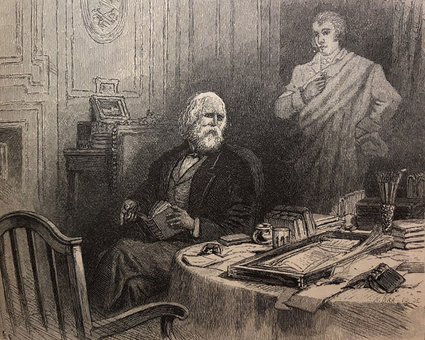 古董插图-年长男子与白色头发和白胡子坐在听到桌子与一本书在他的腿上-男性幽灵是在背景图片下载